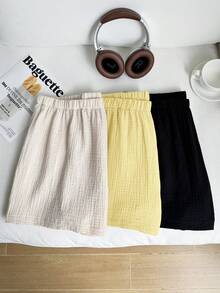 Comfortcana 3pcs Plus Size Solid Color Linen Comfortable Casual Shorts, Spring/Summer, 2pcs Soft Cotton Shorts Set Office Black Beige White - Multicolor - View 6