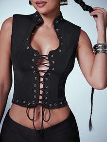 Denimoi Bandage Lace Up Sleeveless Top Sexy Tops Bandage Top GNO Clubwear Going Out Top Concert Outfits - Black - View 1