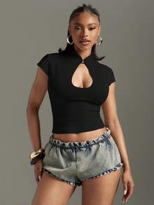 Denimoi High Neck Front Cut Out Bodycon Top Sexy Tops GNO Fashionable Tops - Black - View 4