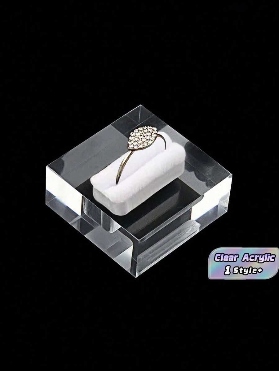 Soporte de exhibición cuadrado de acrílico transparente para anillos | Organizador de joyería para ferias artesanales, accesorios fotográficos DIY, vitrinas minoristas | Regalo de San Valentín - Terciopelo blanco transparente - Ver 1