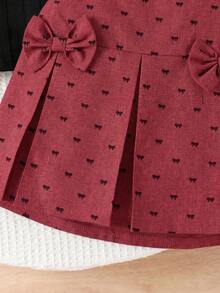 Elladie kids Bộ đồ 2 món cho bé gái gồm áo thun dệt kim jacquard màu đen cổ tròn tay loe điểm nơ đỏ và chân váy dệt kim màu đỏ cạp chun, thích hợp mặc hàng ngày vào mùa xuân/hè, đi chơi, du lịch và dự tiệc. - Màu Đỏ Sâu - Xem 6