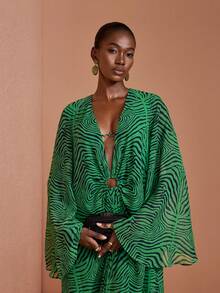 JIAN LASALA Long Sleeve V Neck O-Ring Maxi Dress Summer Vacation Women - Green - View 6