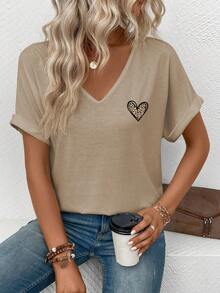 EMERY ROSE New Fashion Casual Women T-Shirt With Heart And Leopard Print Elements, V-Neck - Khaki - View 5