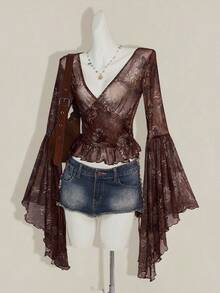 SHEIN ICON Vintage Print Sheer V-Neck Flare Sleeve Top For Women - Brown - View 6
