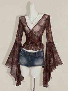 SHEIN ICON Vintage Print Sheer V-Neck Flare Sleeve Top For Women - Brown - View 7