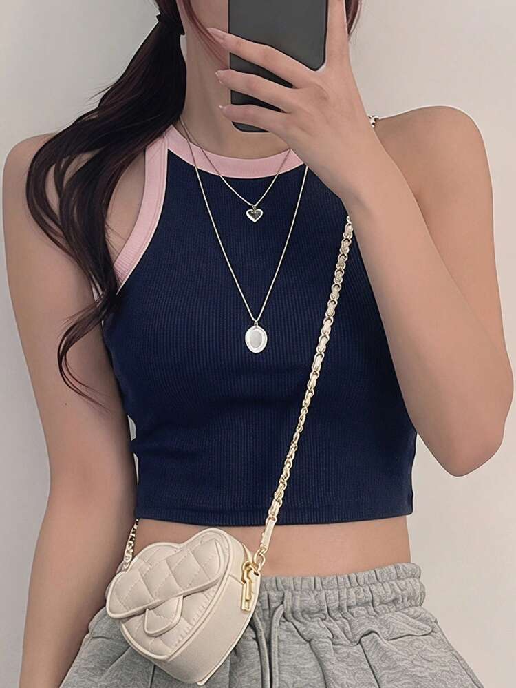 Women's Contrast Trim Round Neck Fitted Casual Sports Tank Top, Spring/Summer