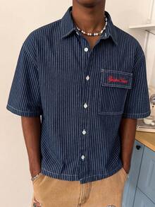 STEELVANCE Áo sơ mi denim ngắn tay màu xanh dương kẻ sọc thêu, phong cách đường phố thường ngày dành cho nam giới. - Rửa tối - Xem 3
