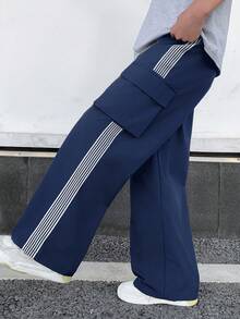SHEIN 儿童/青少年男童休闲百搭舒适彩色织带字母印花直筒宽松纯色长裤，适合通勤、上学、日常休闲、旅行、运动，春夏秋冬皆宜。 - 藏蓝色 - 查看 5