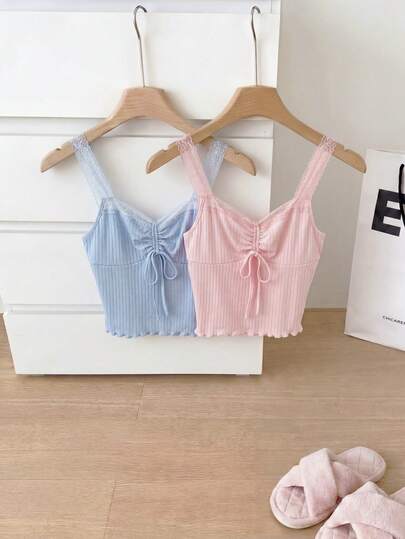 SweetSlumber 2 Stück süßer Spitzen-Trägerhemd Damen Pyjama Set