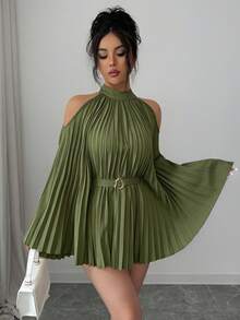 SHEIN Elenzya Áo sơ mi nữ dáng lửng thanh lịch, thắt eo, tay loe. - xanh quân đội - Xem 6