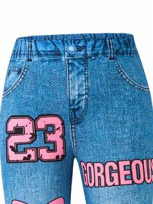 SHEIN Bộ 2 món cho bé gái, gồm áo thun cổ tròn xếp ly in chữ và số, kiểu dáng thường ngày và quần ống loe. - Nhiều màu - Xem 6