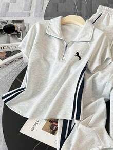 Conjunto de top de manga corta con cuello alto y pantalones casuales - Gris Claro 6 - Ver 4
