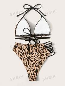 SHEIN Swim Summer Beach Leopard Halter High Waisted Bikini Set - Multicolor - View 2