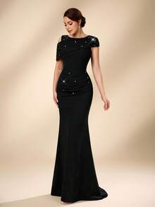 Serin Vestido elegante y lujoso con diseño de cuello modesto elástico y fruncido, mangas y bajo de cola de sirena, adecuado para bodas, fiestas, vacaciones, galas y ocasiones formales - Negro - Ver 6