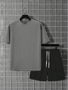 Manfinity Homme 男士纯色圆领短袖T恤和休闲工装短裤两件套 - 彩色 - 查看 3