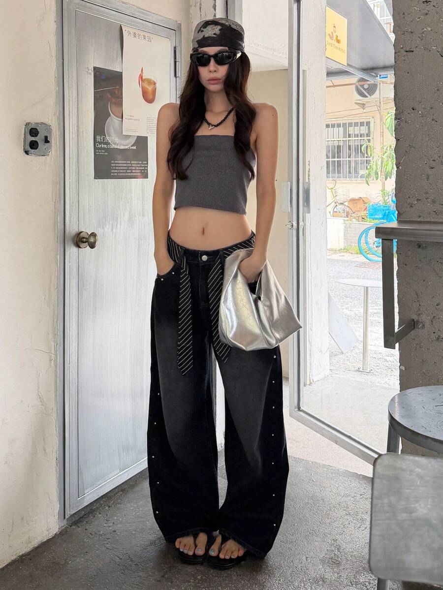 DAZY Quần jeans nữ dáng rộng, phong cách thường ngày, bạc màu và rách nhẹ. - Màu Xám nhạt - Xem 1