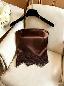 SHEIN Franclia 女士新款简约百搭复古缎面蕾丝拼接吊带背心 - 棕色 - 查看 1