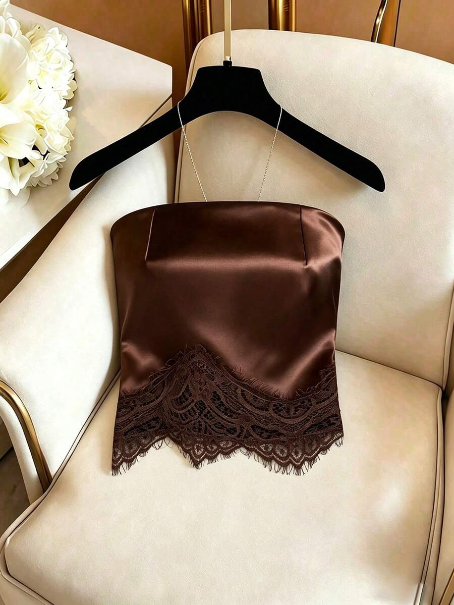SHEIN Franclia 女士新款简约百搭复古缎面蕾丝拼接吊带背心 - 棕色 - 查看 1