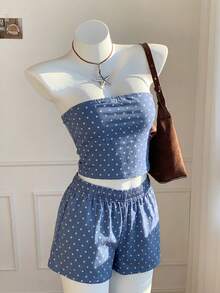 SHEIN EZwear Bộ đồ nữ mùa hè đi biển in chấm bi: Áo quây croptop và quần short. - Nhiều màu - Xem 5