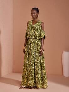 JIAN LASALA Multi Print Chiffon Loose Maxi Dress V Neckline Cold Shoulder - Multicolor - View 3