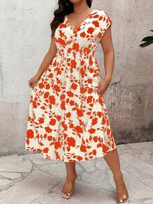 SHEIN Clasi Plus Size Women Vacation Plant Print Waist Tie Dress - Orange - View 4