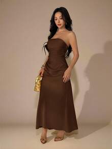 SHEIN PETITE 性感简约纯色黄色奶油色无肩带褶皱修身露背连衣裙，适合派对、鸡尾酒会、正式场合、伴娘、生日、圣诞节、宴会、商务休闲、女士派对礼服、圣诞派对礼服 - 棕色 - 查看 6