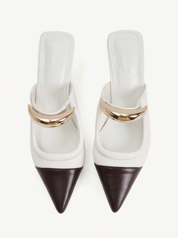 CUCCOO CHICEST Women's Elegant Gold Crescent Moon Decor Pointed Toe Stiletto Heel Pumps, Suitable For Work, Formal Occasions, Office Outfit, Mule Shoes, White PU Spring Break Easter For Christmas
