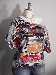 SHEIN ICON 大码夏季时尚不对称领口T恤，饰有图案和字母印花 - 彩色 - 查看 9