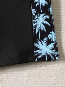 SHEIN Traje de baño de una pieza con estampado de árbol de coco de manga corta para niña preadolescente, adecuado para verano, playa y vacaciones - Negro - Ver 4
