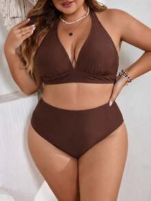 SHEIN CURVE+ 大码女士纯色两件式吊带三角比基尼泳衣，适合度假和海滩穿着 - 棕色 - 查看 4