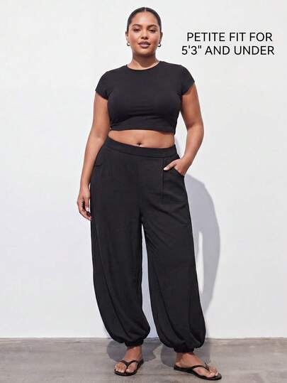 SHEIN PETITE CURVE Plus Size Women For Women Mother's Day Summer Outfit Deas For Pants,Casual Woven Fabric Black Long Jogger Pants For Women With Plain Pattern And Zipper Accent Split Thigh Knot Hem Solid Pants Spring Summer, Suitable For Holiday, Afternoon Tea, Wedding Season, Beach Cruise Vacation, City Road Trip Vacation, Boho Vacation, Music Festival, Beachwear, Easter, Beach, Elegant, Vacation, Concert, Tropical Vacation, Holiday, Bohemian,For Spring Summer And Autumn Festival Outfit Women  Pockets Long Pants
