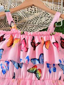 Tween Girls' Off-Shoulder Ruffle Hem Colorful Butterfly Print Mesh Jumpsuit, Holiday Style For Spring/Summer - Pink - View 3