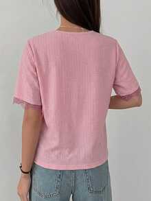 DAZY T-shirt décontracté à manches courtes col rond en dentelle patchwork pour femmes - Rose bonbon - Voir 3