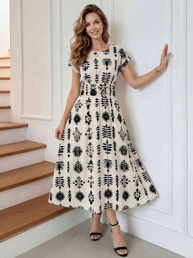 Women's Elegant All-Over Print Round Neck Waist Cinched Dress,Summer Dress,Going Out Dress,Holiday Dress