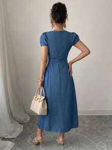 Elenzga Summer Vacation Casual Vintage Chic Elegant Square Neck Puffed Sleeve Ruched Waist Light Blue Denim Daily Wear Going Out Women's Midi Denim Dress - Dark Wash - View 2