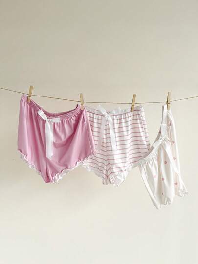 SHEIN 3 peças Calça de Pijama Feminina Tricotada Colorida com Estampa de Gravata Borboleta e Listras