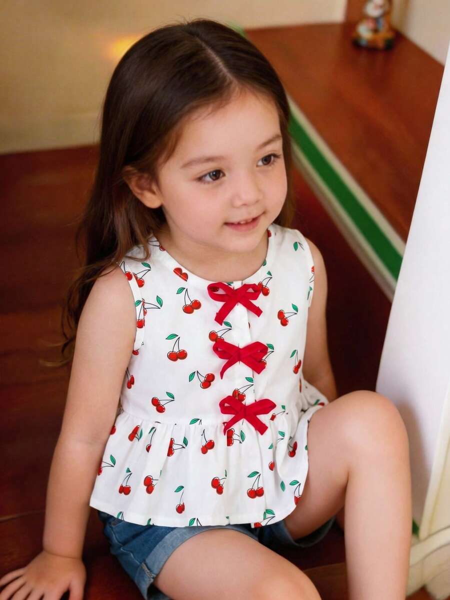 SHEIN Genkimix Kids Young Girl Cute & Lively Cartoon Cherry Print 3D Bow Sleeveless Blouse, Versatile Summer - Red and White - View 1