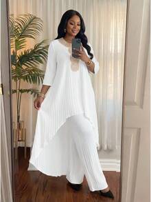 SHEIN Lady CURVE Bộ đồ 2 mảnh dành cho nữ cỡ lớn, phong cách nghỉ dưỡng thanh lịch mùa xuân/thu, phối ren, tay lửng 3/4, vạt áo bất đối xứng, gồm áo dài và quần. - trắng - Xem 3