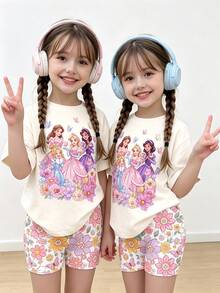 Bộ 2 món cho bé gái mùa hè, gồm áo thun ngắn tay in hoa và quần short ôm sát, thích hợp cho đi chơi hàng ngày và đi học. - màu đen - Xem 4