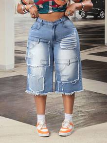 Slaydiva Plus Size Women's Non-Stretch Jeans, American Casual Brand Design Distressed Wash Frayed Hem Straight Leg Capri Jeans, Cowboy Outfits For Women - Blue - View 2
