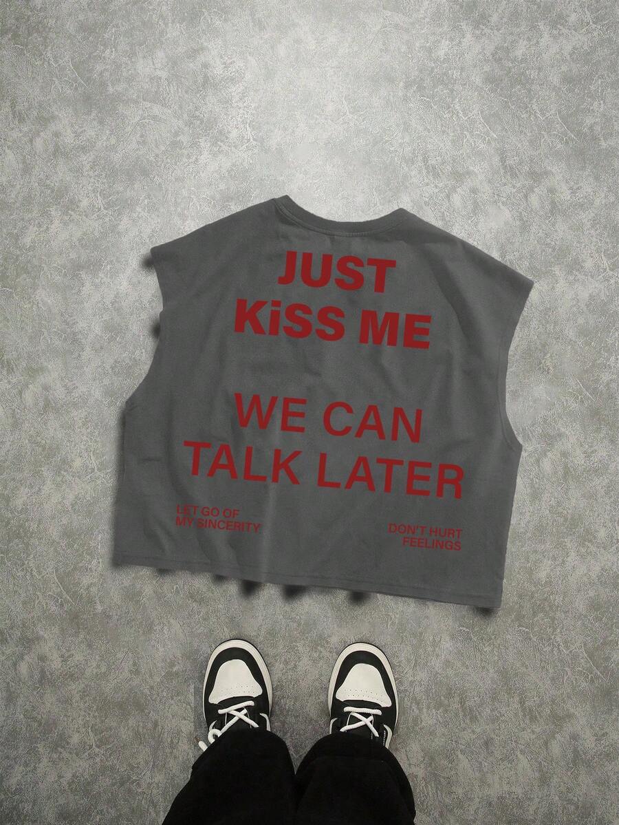 Manfinity ZONE917 Men's Oversized Slogan Print Sleeveless Tank Top, Deep Grey, Holiday - Dark Grey - View 1