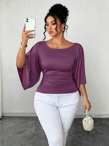 SHEIN Elenzya 大码女式针织高弹喇叭袖圆领纯色优雅T恤 - 紫色 - 查看 1