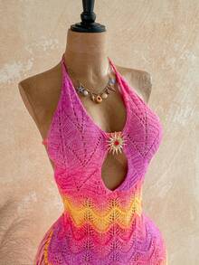 Soleia V-Neck Pink And Yellow Fish Scale Knit Fringe Mini Dress,Boho Summer Beach Vacation Holiday,Metal Decor Gradient Hippie Party Western Style - Multicolor - View 7