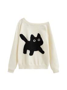 ROMWE Kawaii Pull surdimensionné à l'épaule oblique avec motif mignon de chat brodé, décontracté pour les adolescentes - Blanc - Voir 1