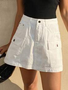 Livesso Chân váy denim mini dáng chữ A đơn giản có túi nắp dành cho nữ, thích hợp cho mùa hè. - trắng - Xem 5