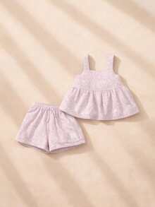 SUMWON Girls Abstract Floral Print Tank Top And Shorts Two Piece Summer Co-Ord Set With Strappy Detail - Mauve Purple - View 1