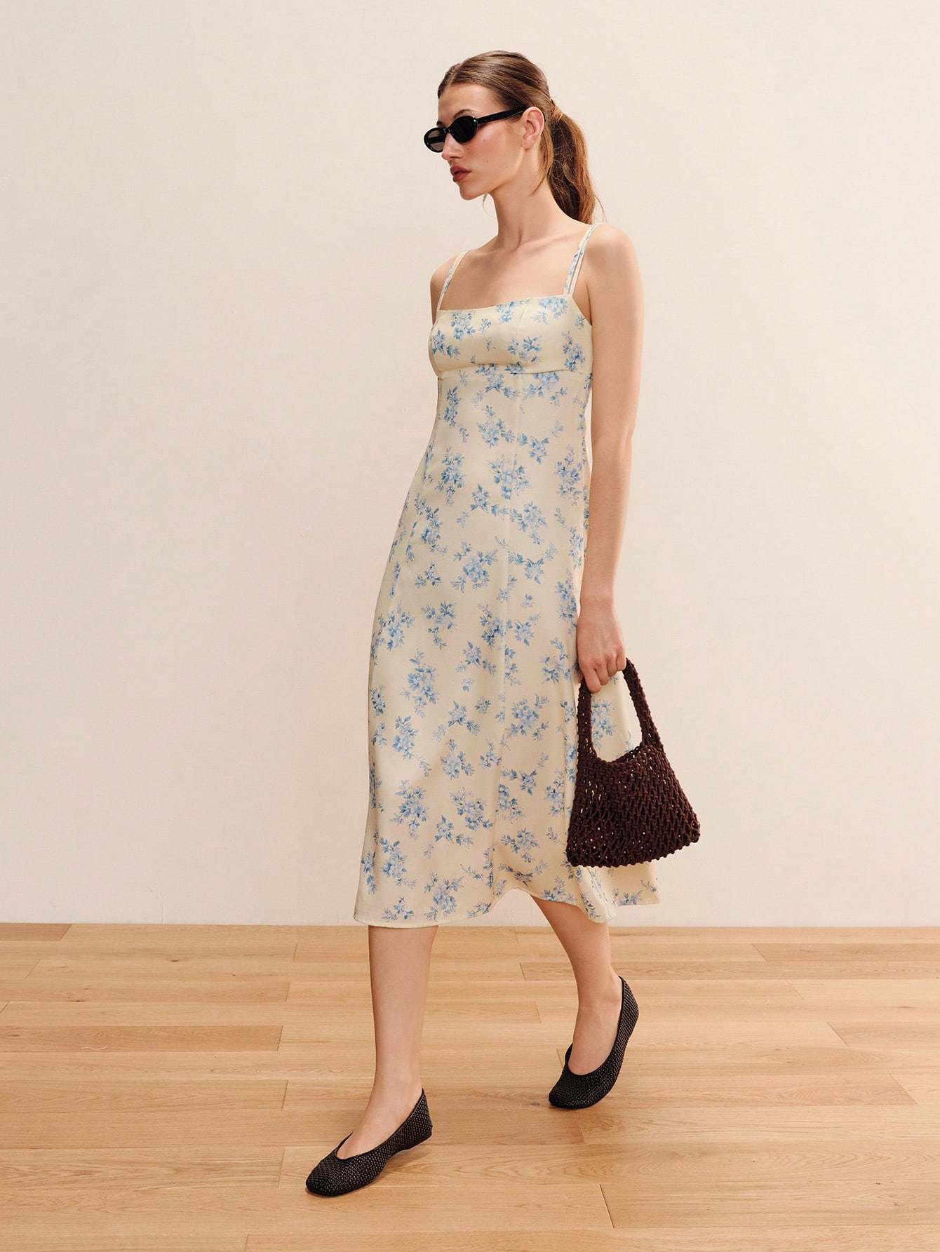 Pale Yellow Floral Print Crepe Midi Dress With Spaghetti Straps And Fitted Silhouette Occasion Dress Dress Satin Dress Summer Dress Casual Vacation Outfit French Style Dress