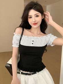 DAZY Women's Casual Contrast Color Bow Short Sleeve T-Shirt Cute Tops - Black and White - View 4