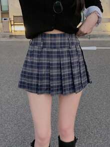 DAZY 女款休閒格紋百褶A字裙校園風 - 藍色 - 查看 4