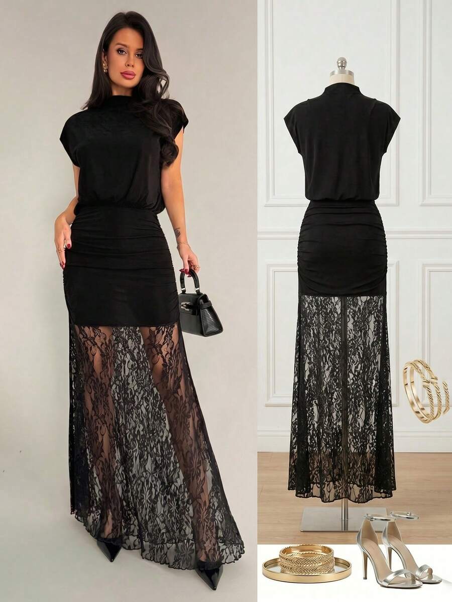 Firerie Đầm dự tiệc nữ màu trơn phối ren, kiểu dáng thanh lịch, thắt eo. - màu đen - Xem 1
